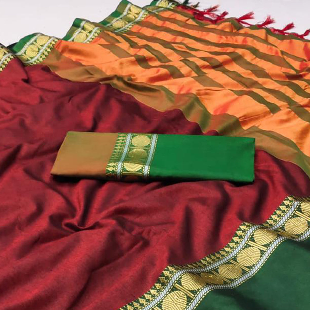 Maroon Woven Cotton Silk Saree With Tassels