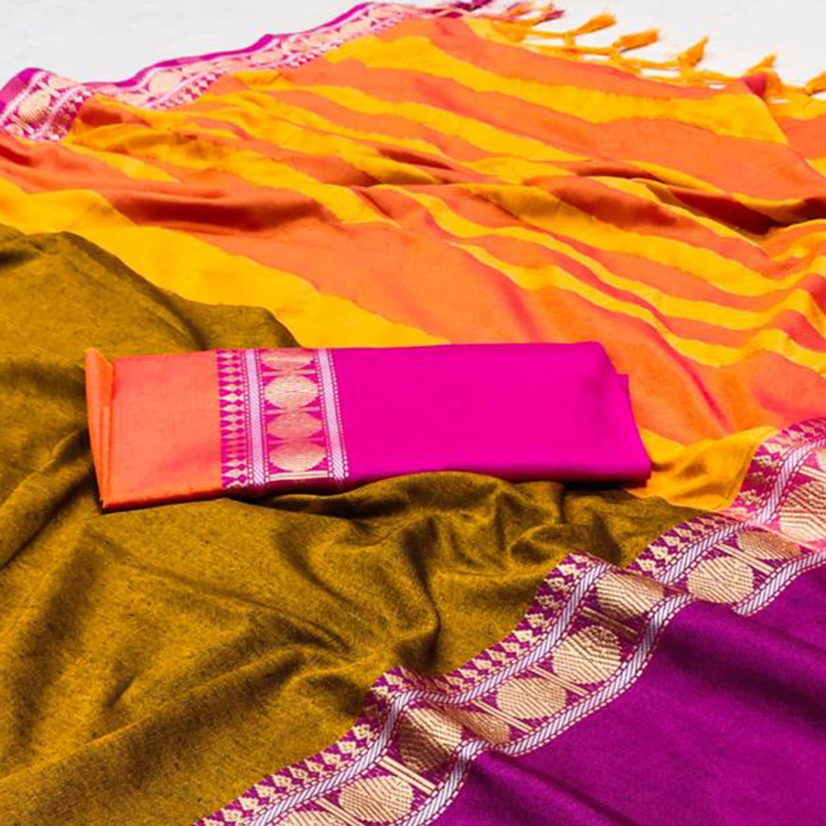 Mustard Woven Cotton Silk Saree With Tassels