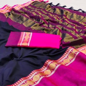 Navy Blue Woven Cotton Silk Saree With Tassels