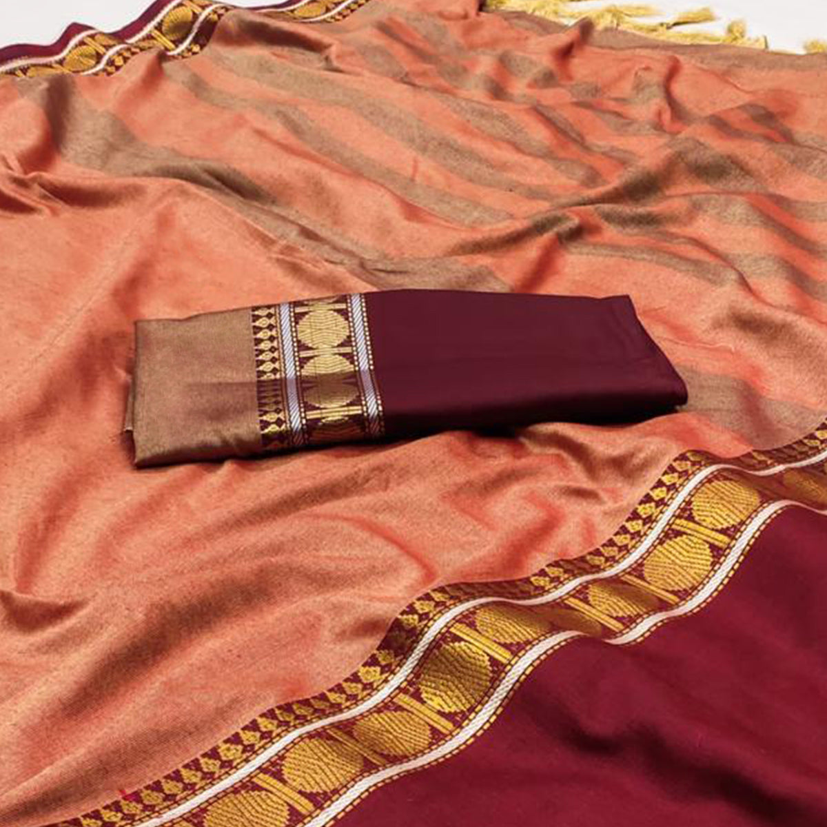 Orange Woven Cotton Silk Saree With Tassels