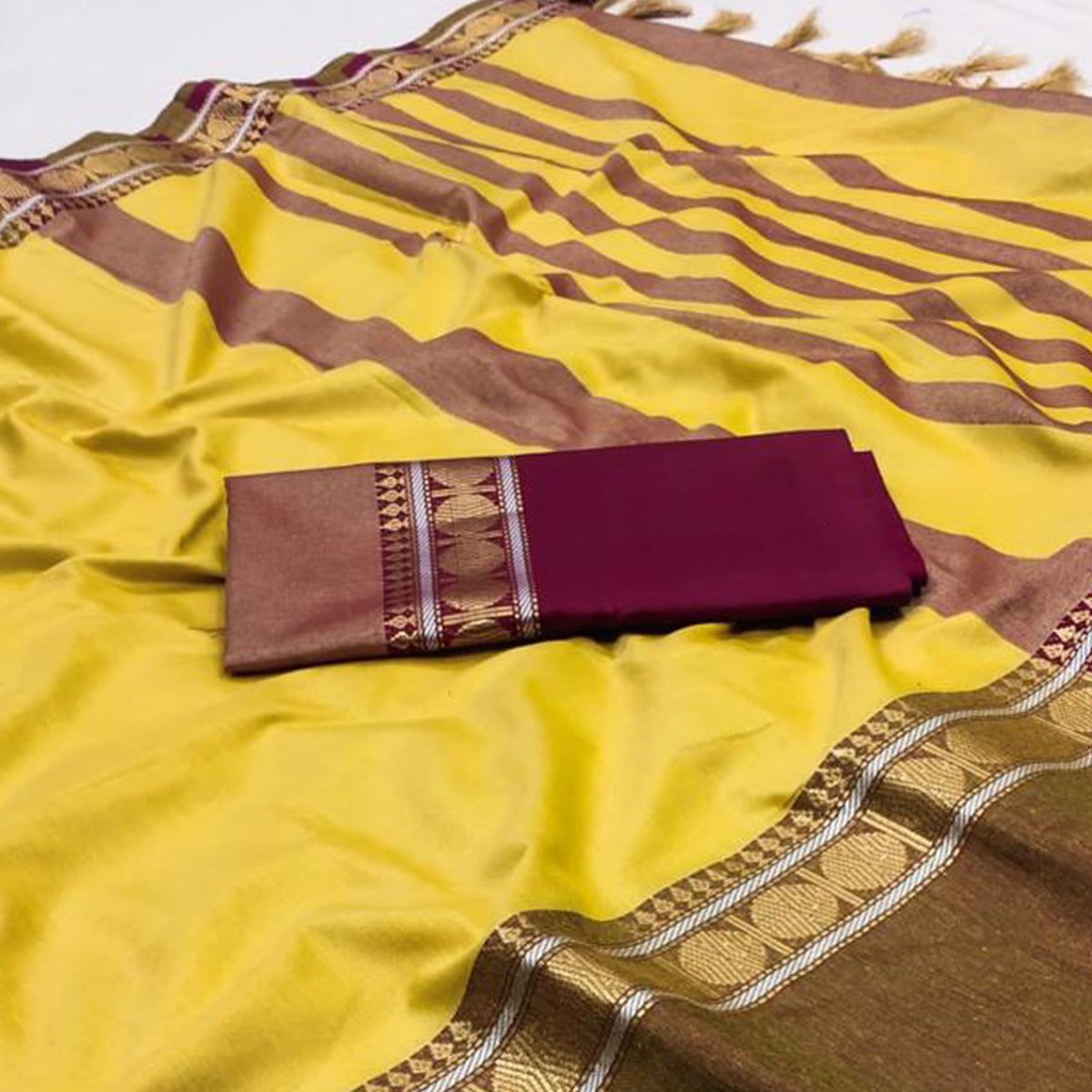 Yellow Woven Cotton Silk Saree With Tassels