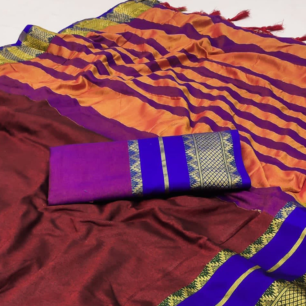 Maroon Woven Cotton Silk Saree With Tassels