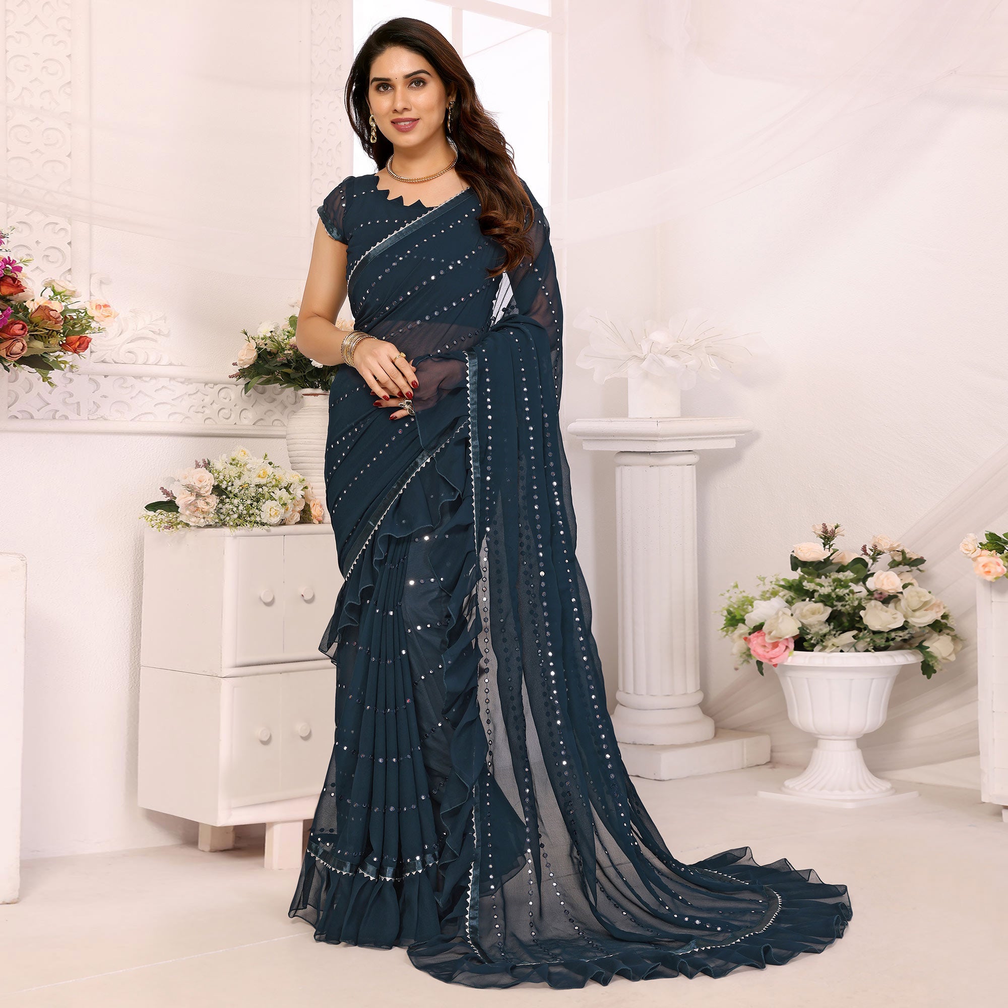 Blue Mirror Work Embroidered Georgette Saree With Ruffle Border