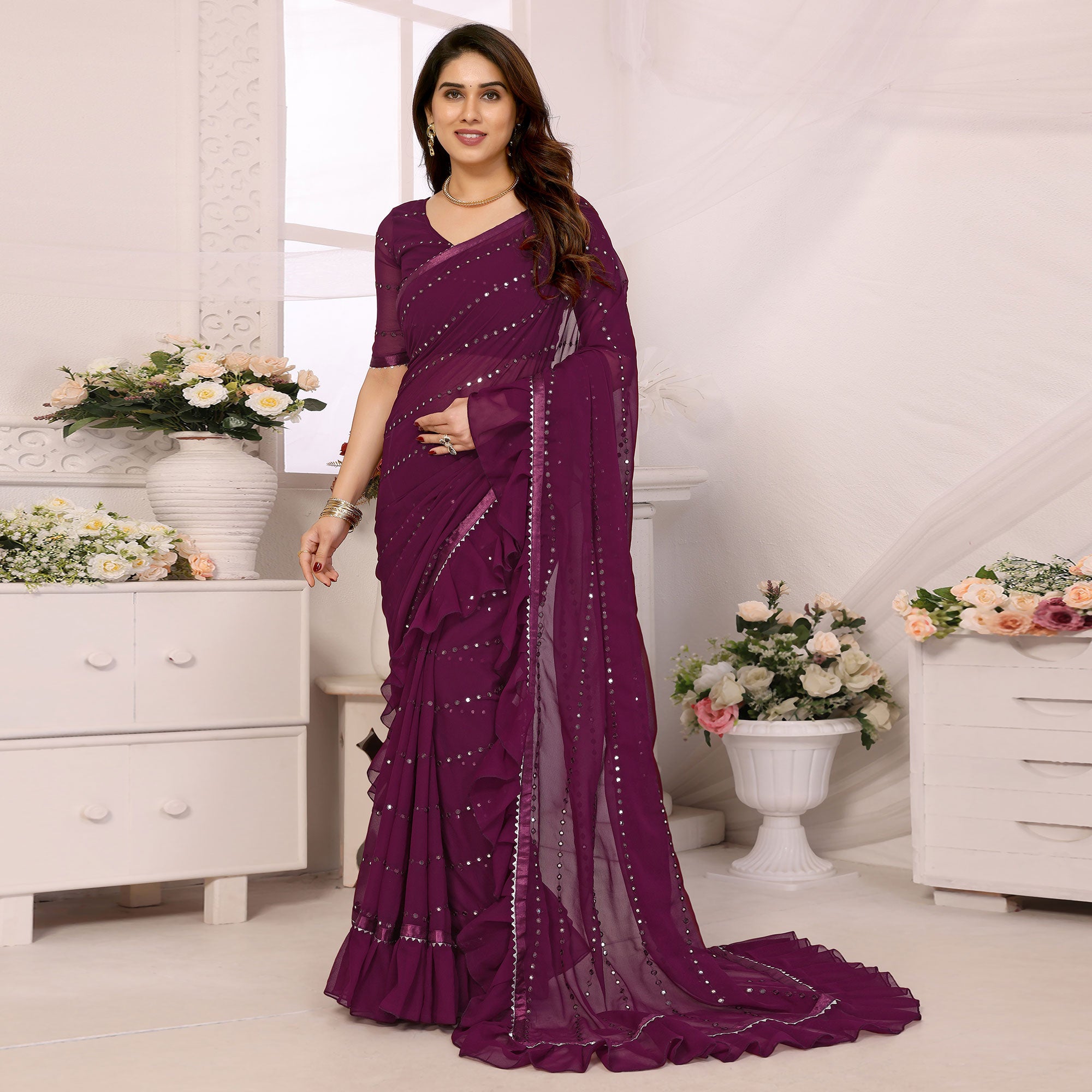 Wine Mirror Work Embroidered Georgette Saree With Ruffle Border