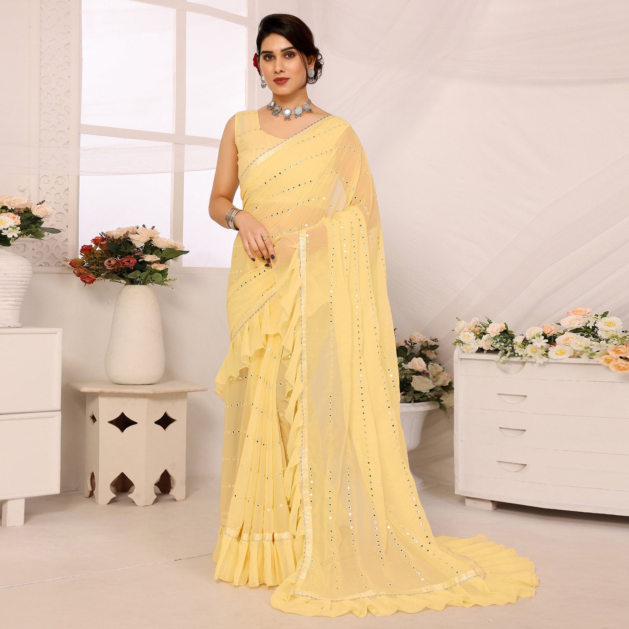 Yellow Mirror Work Embroidered Georgette Saree With Ruffle Border