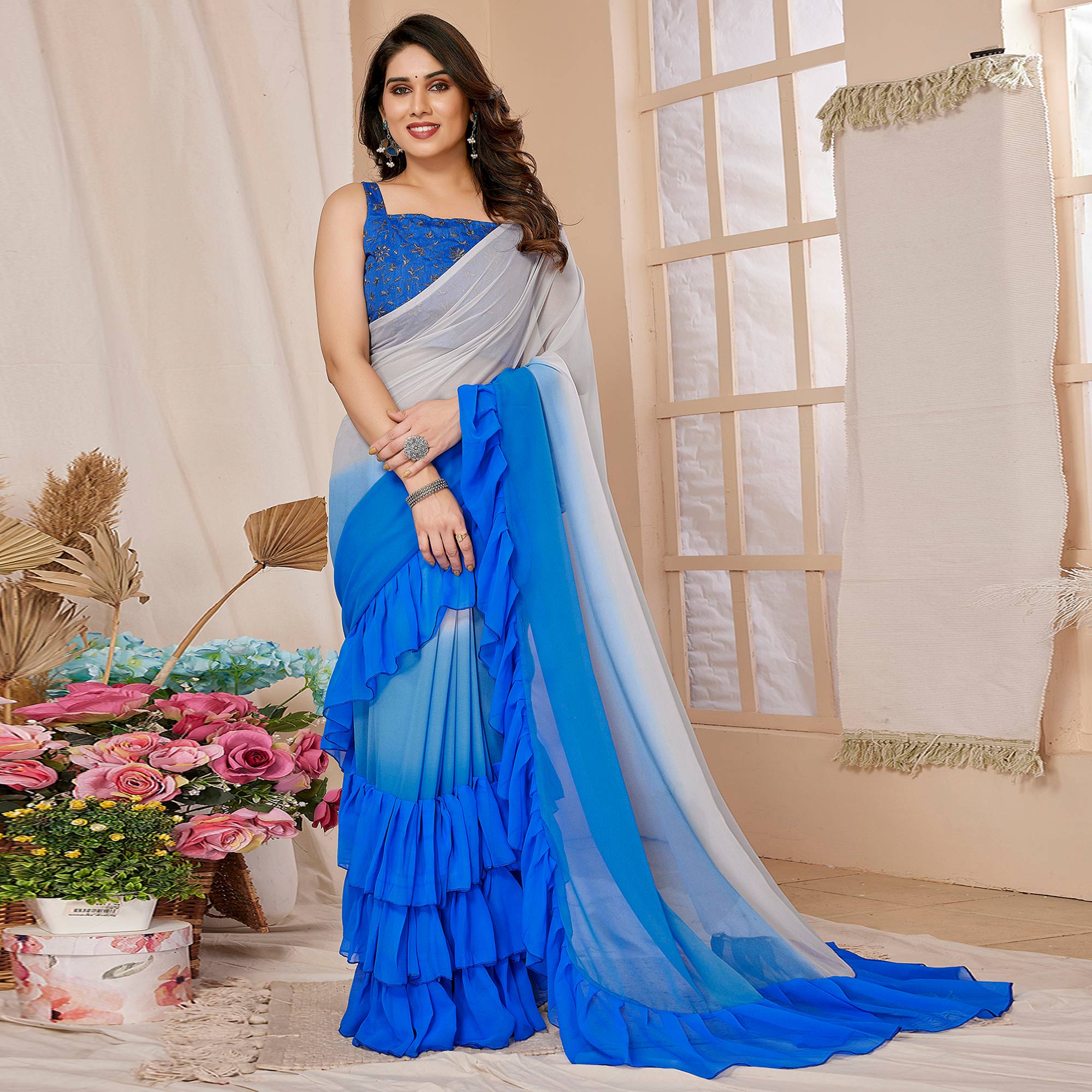 Blue Ombre Printed Georgette Ruffle Saree With Embroidered Belt
