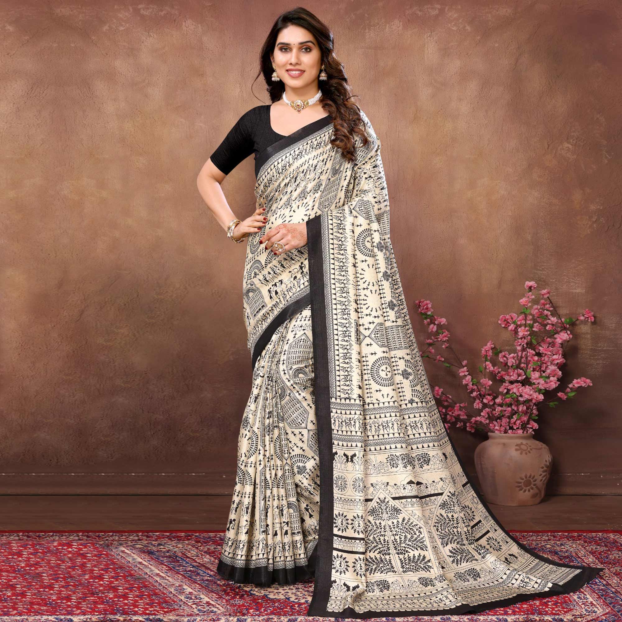 Off White & Black Warli Printed Khaadi Saree