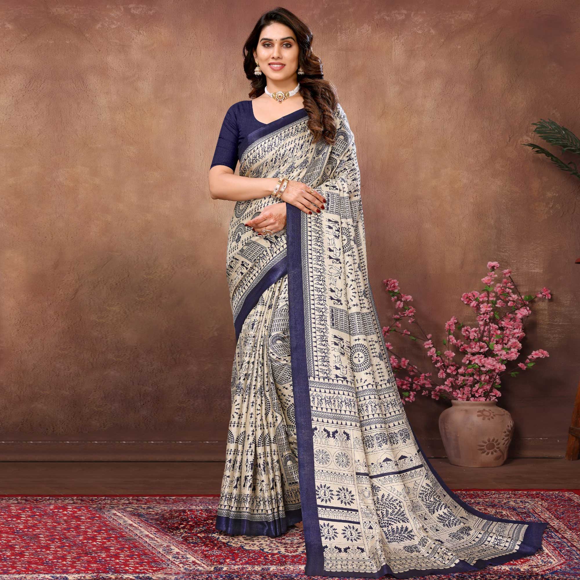 Off White & Blue Warli Printed Khaadi Saree