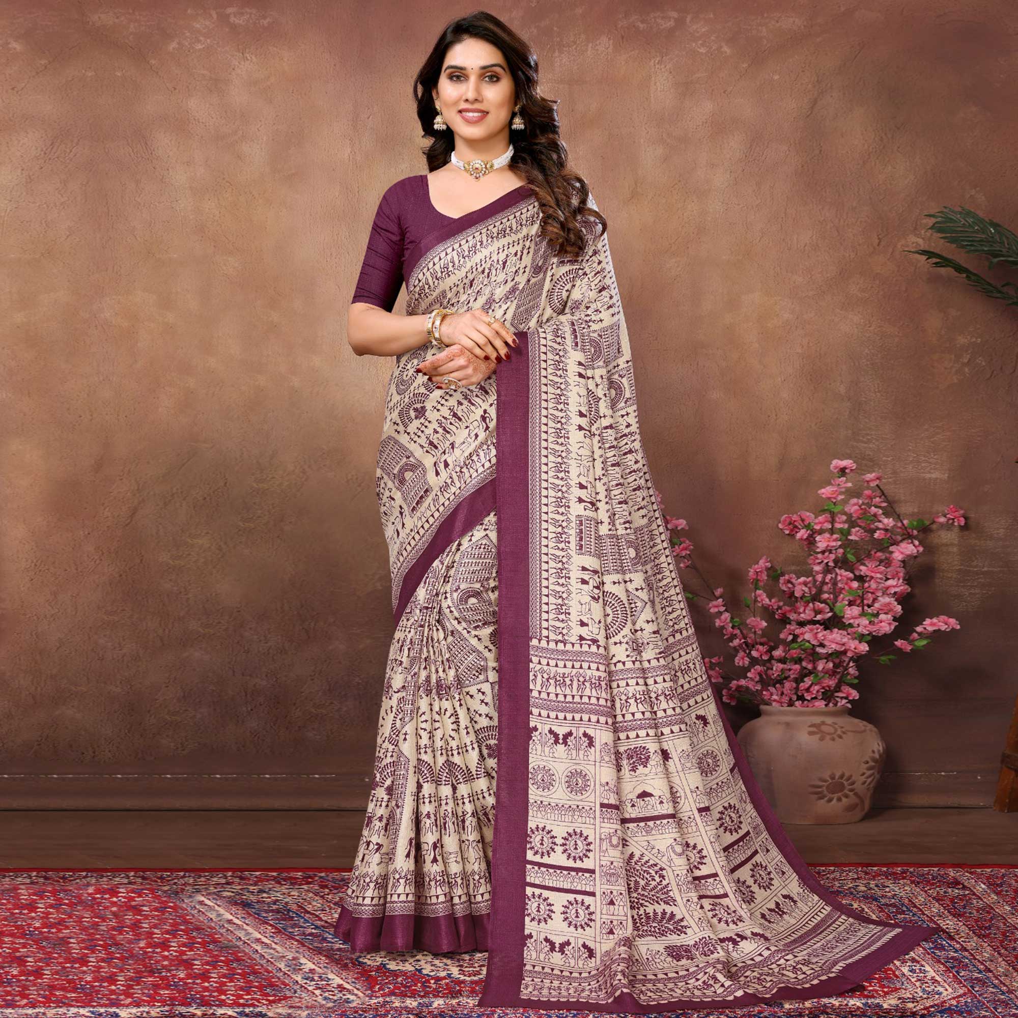 Off White & Purple Warli Printed Khaadi Saree