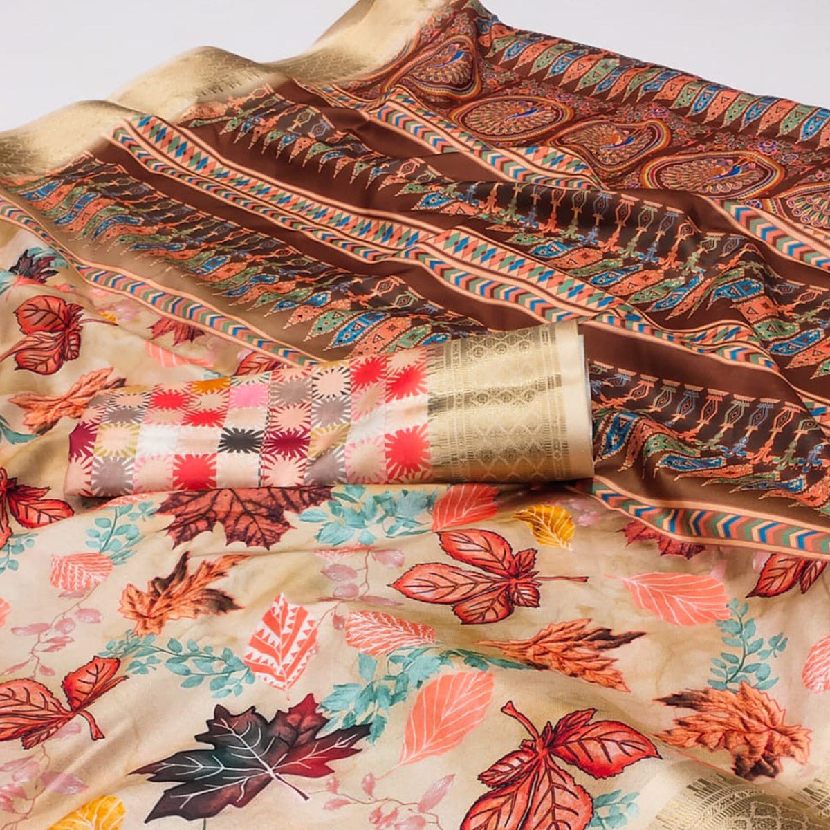 Chikoo Digital Printed Cotton Silk Saree With Jacquard Border