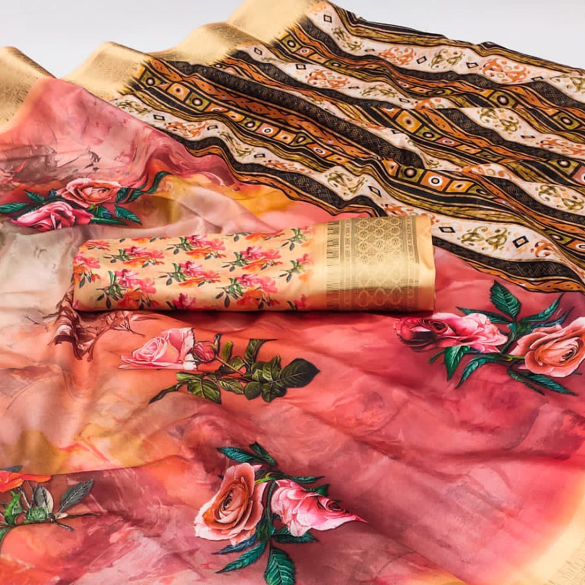 Cream & Peach Digital Printed Cotton Silk Saree With Jacquard Border