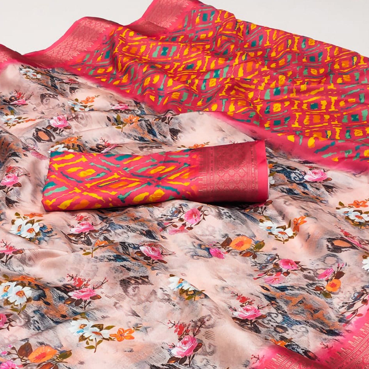 Pink Digital Printed Cotton Silk Saree With Jacquard Border