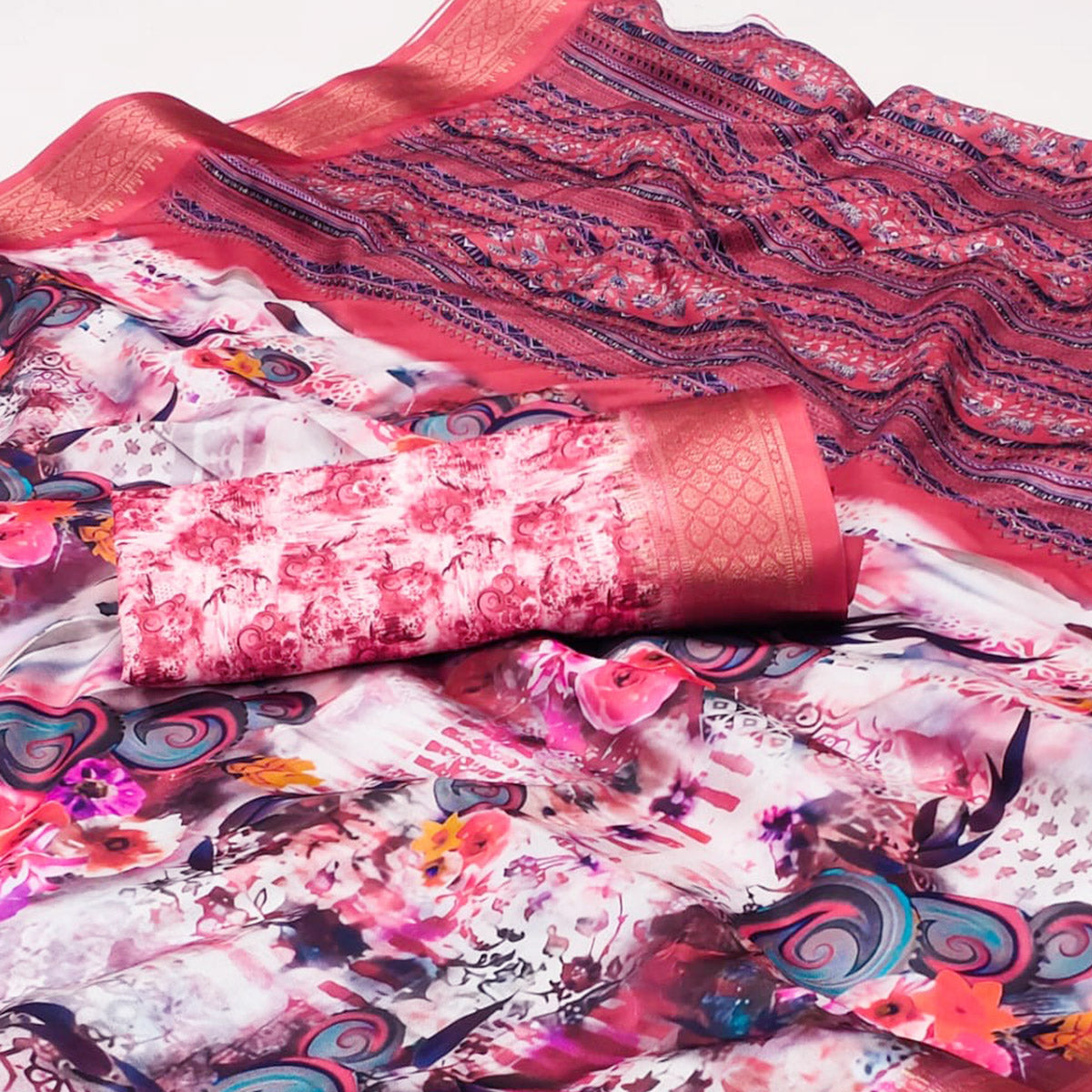 Red Digital Printed Cotton Silk Saree With Jacquard Border