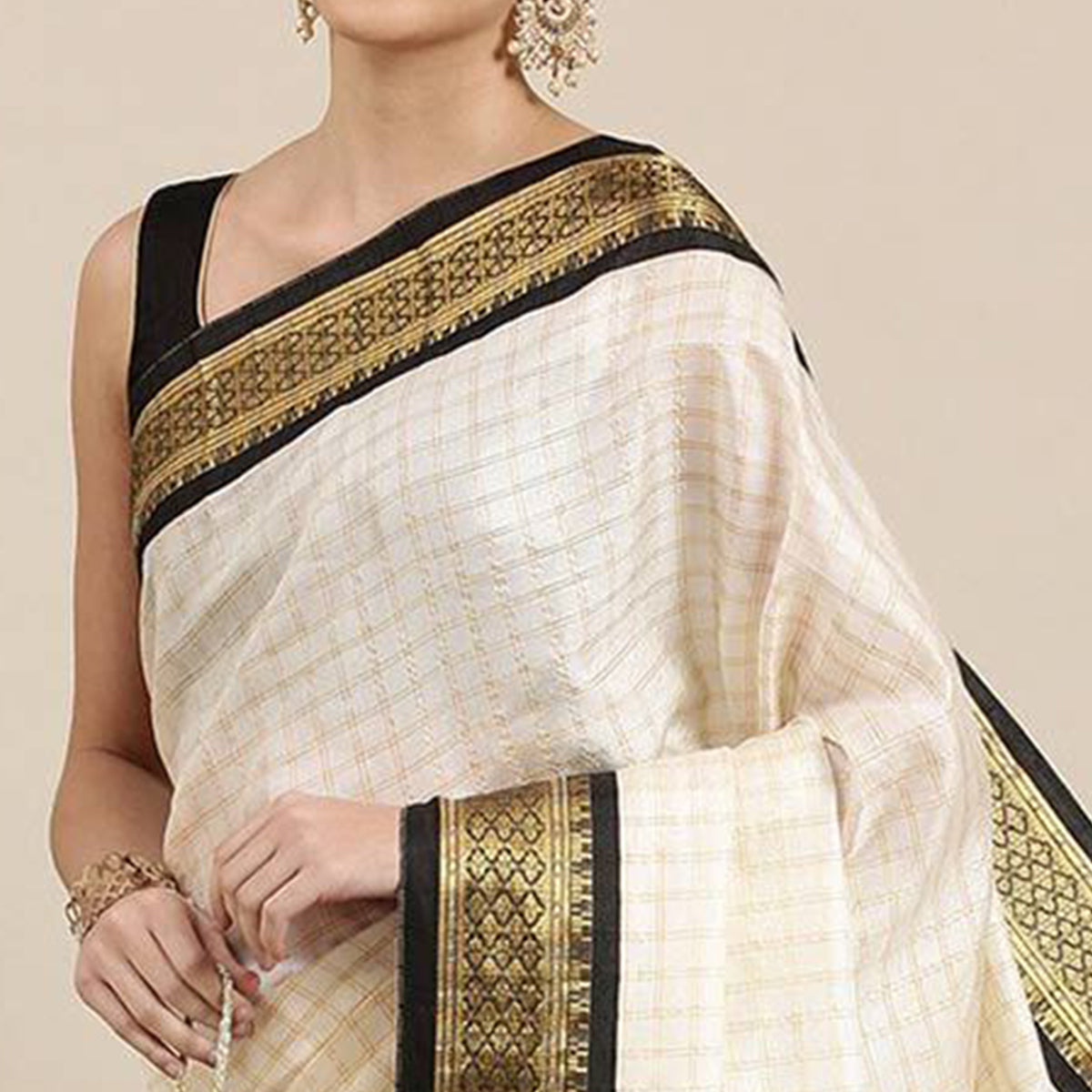 White & Black Checks With Woven Border Cotton Silk Saree