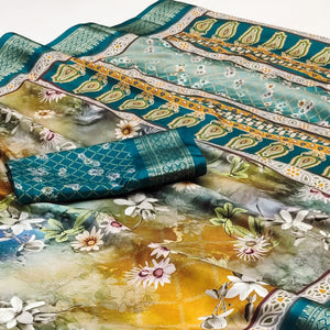 Morpich & Mustard Floral Digital Printed Cotton Silk Saree With Woven Border
