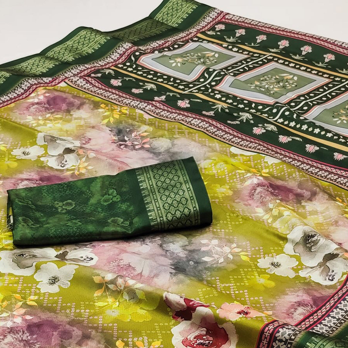 Olive Green Floral Digital Printed Cotton Silk Saree With Woven Border