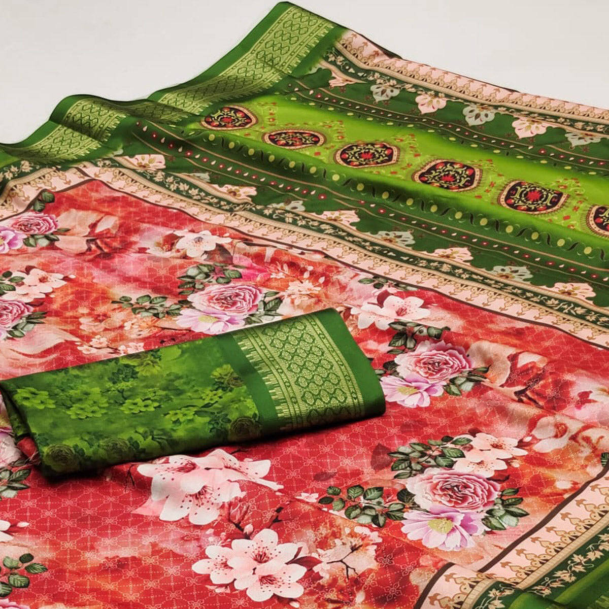 Red Floral Digital Printed Cotton Silk Saree With Woven Border