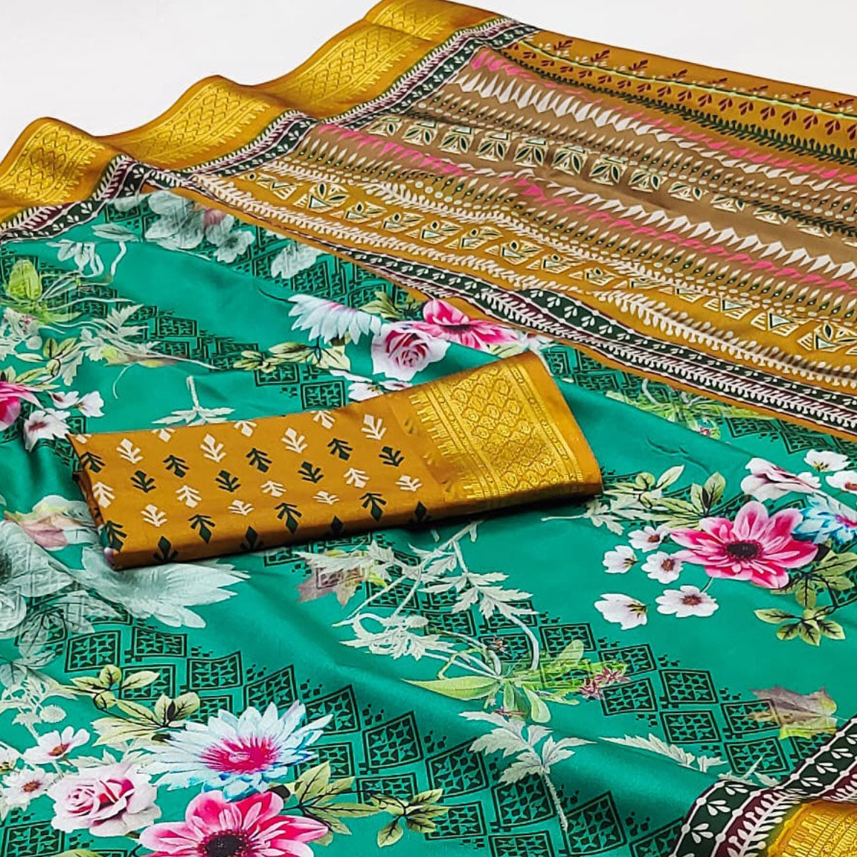 Sea Green Floral Digital Printed Cotton Silk Saree With Woven Border