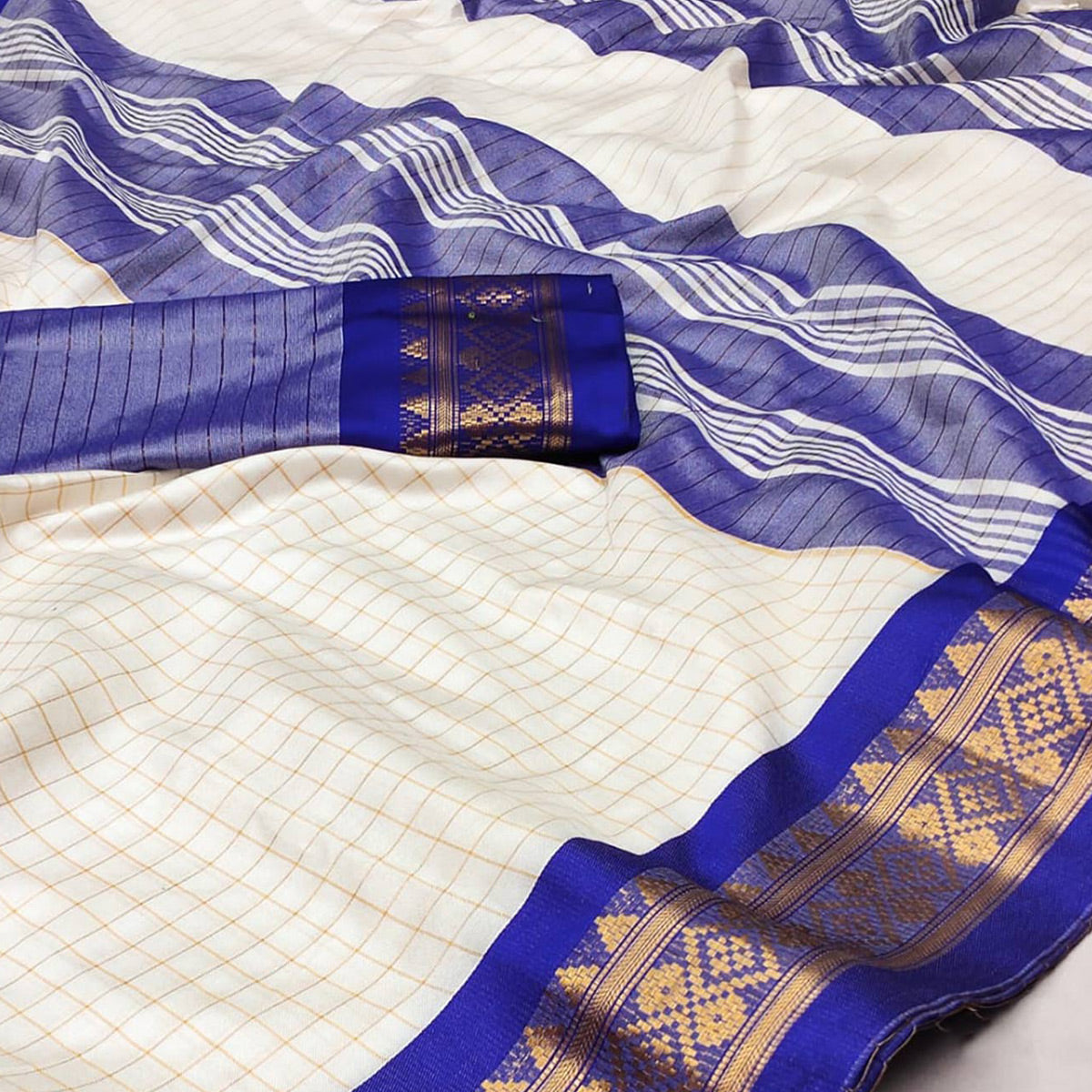 White & Blue Checks With Woven Border Cotton Silk Saree