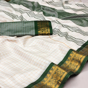 White & Green Checks With Woven Border Cotton Silk Saree