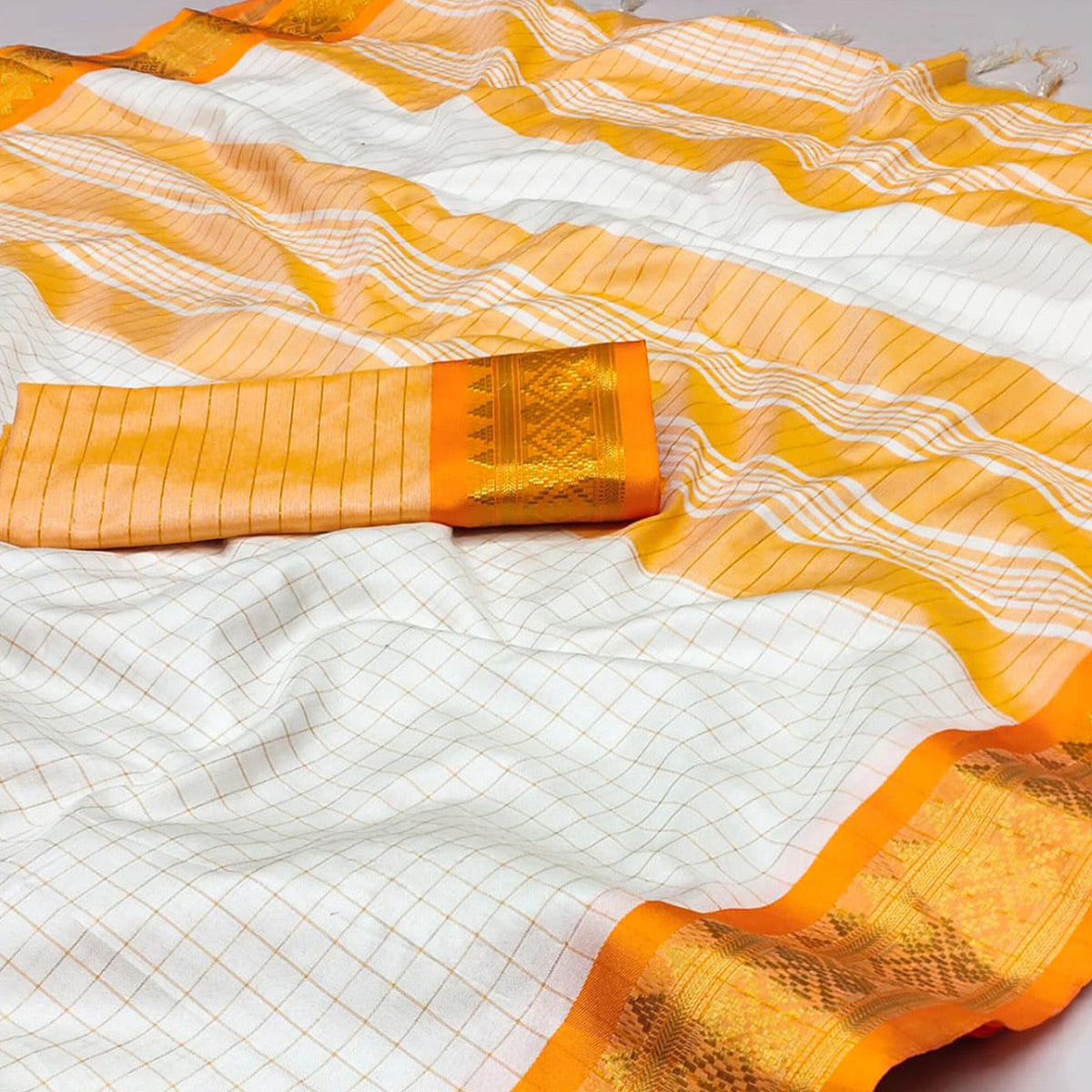 White & Orange Checks With Woven Border Cotton Silk Saree