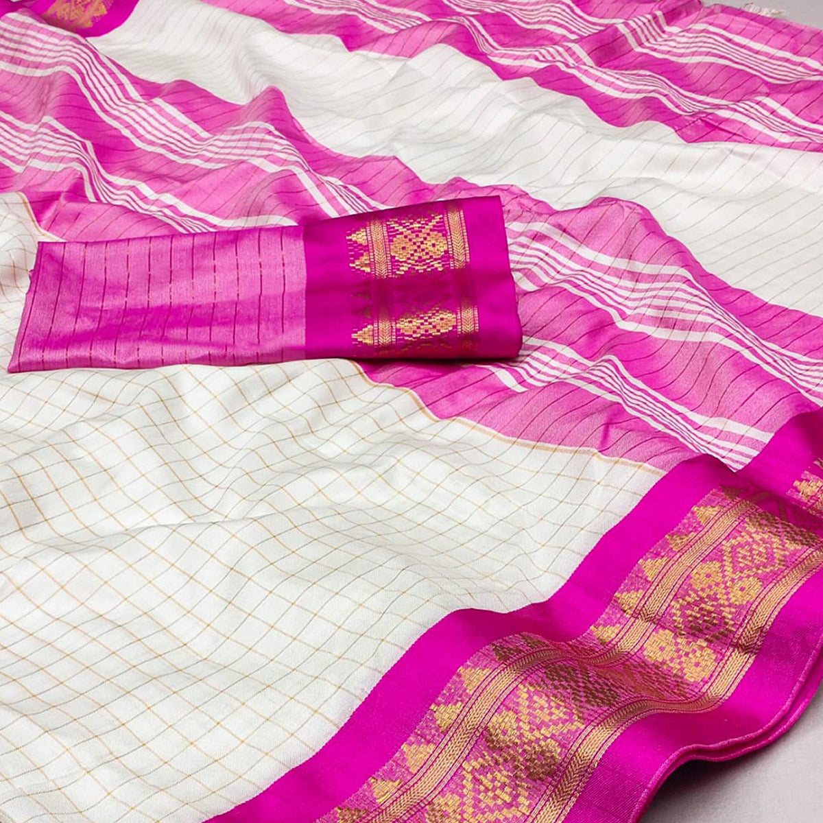 White & Pink Checks With Woven Border Cotton Silk Saree