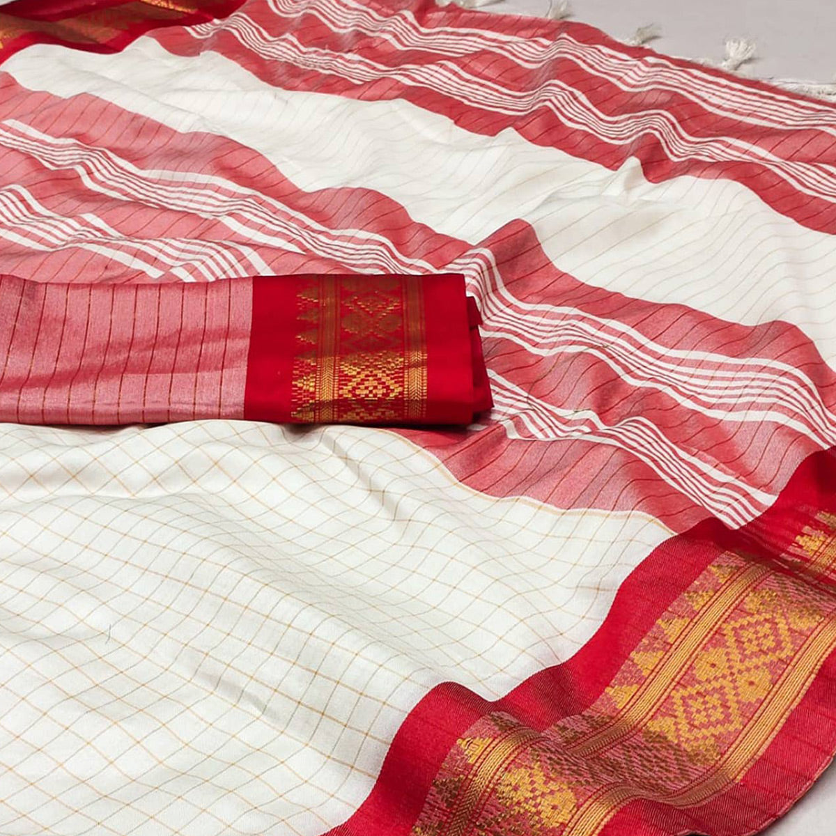 White & Red Checks With Woven Border Cotton Silk Saree