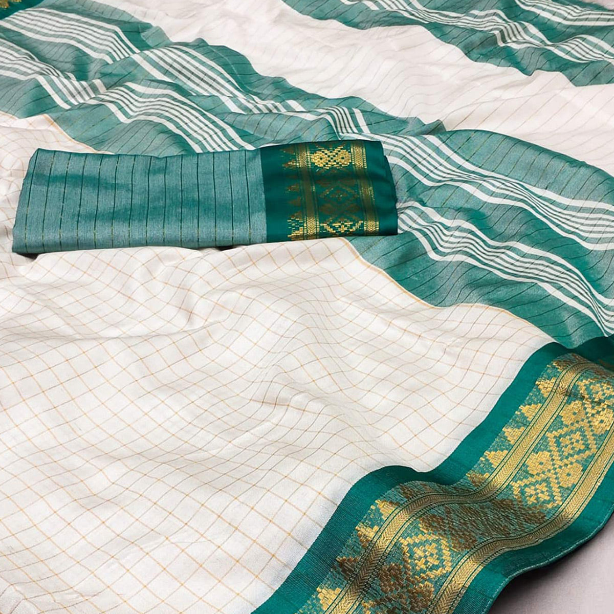 White & Rama Green Checks With Woven Border Cotton Silk Saree