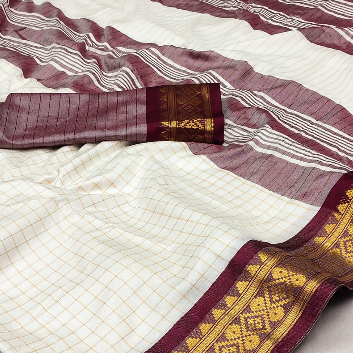 White & Wine Checks With Woven Border Cotton Silk Saree