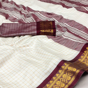 White & Wine Checks With Woven Border Cotton Silk Saree