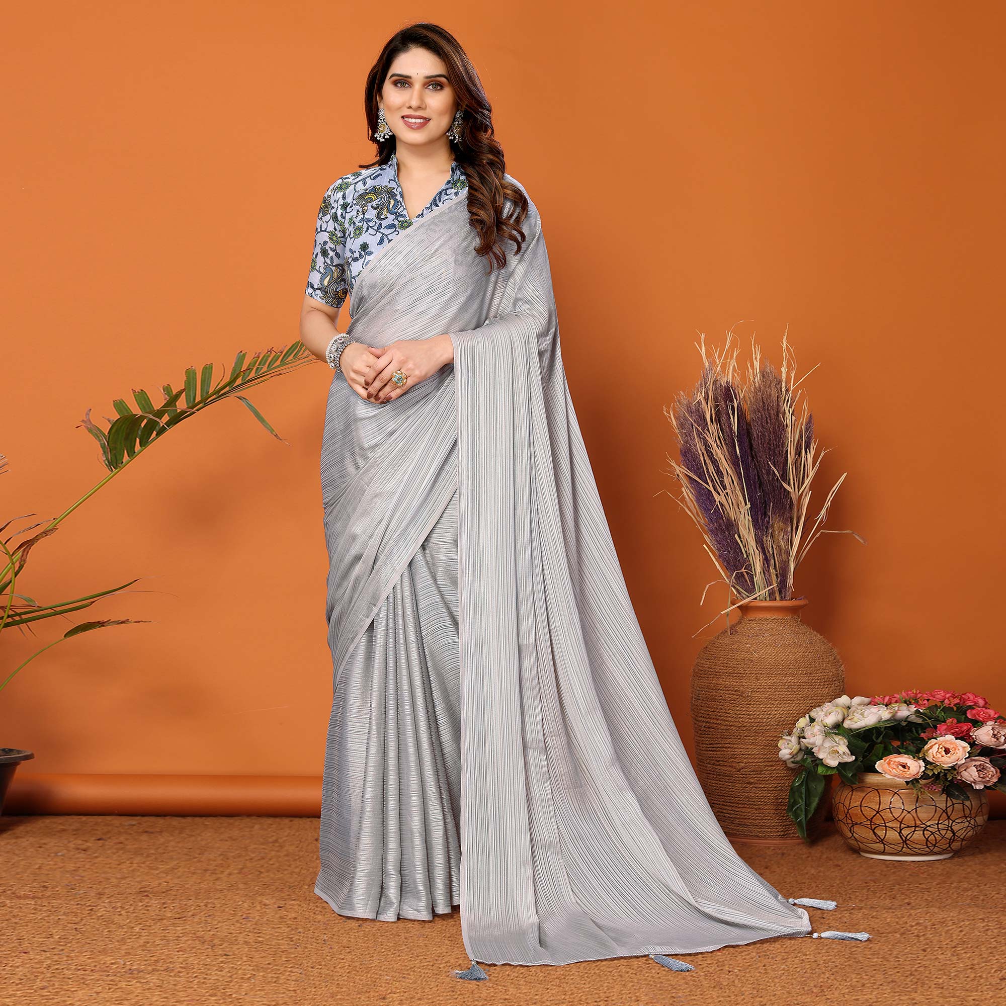 Grey Woven Satin Saree With Tassels