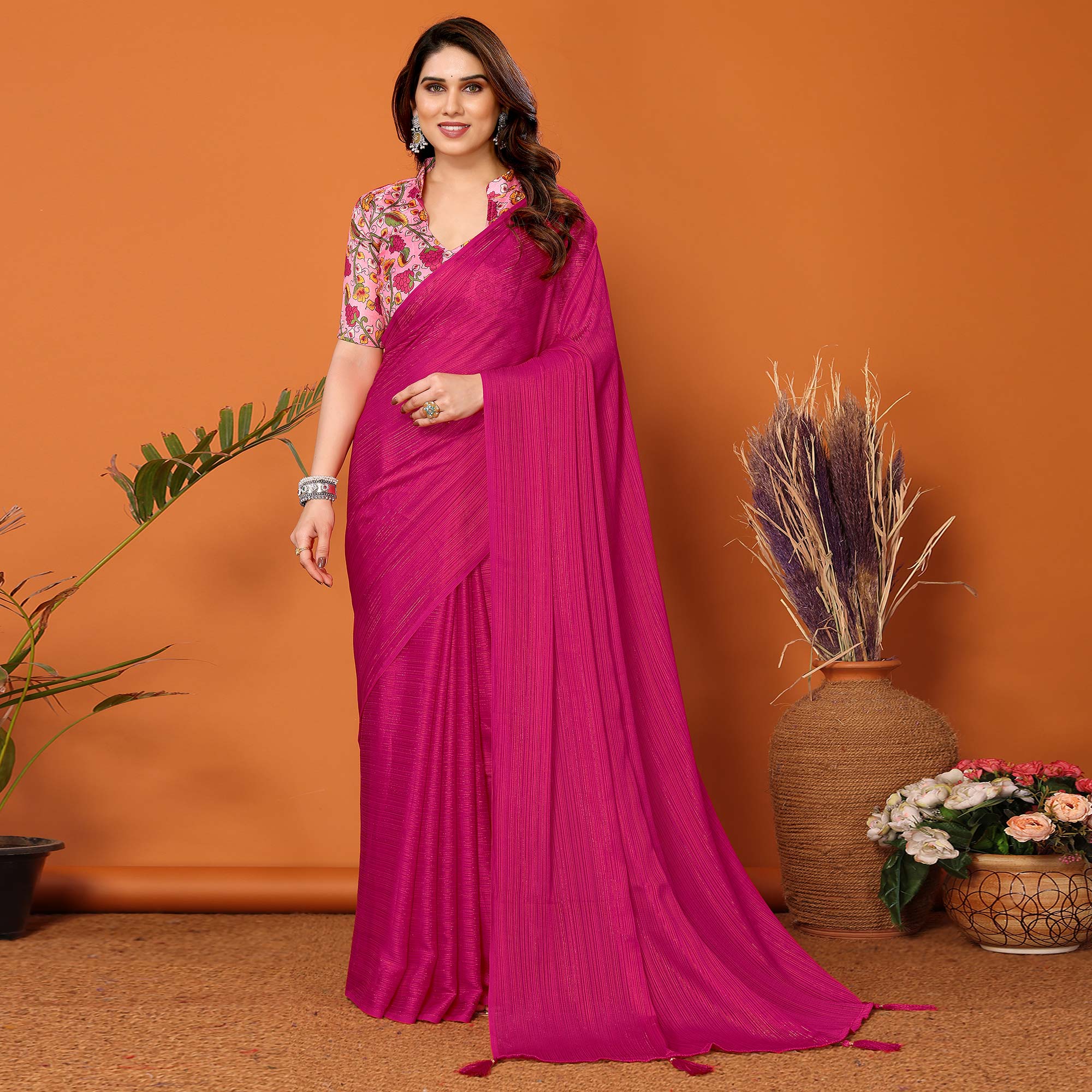 Magenta Woven Satin Saree With Tassels