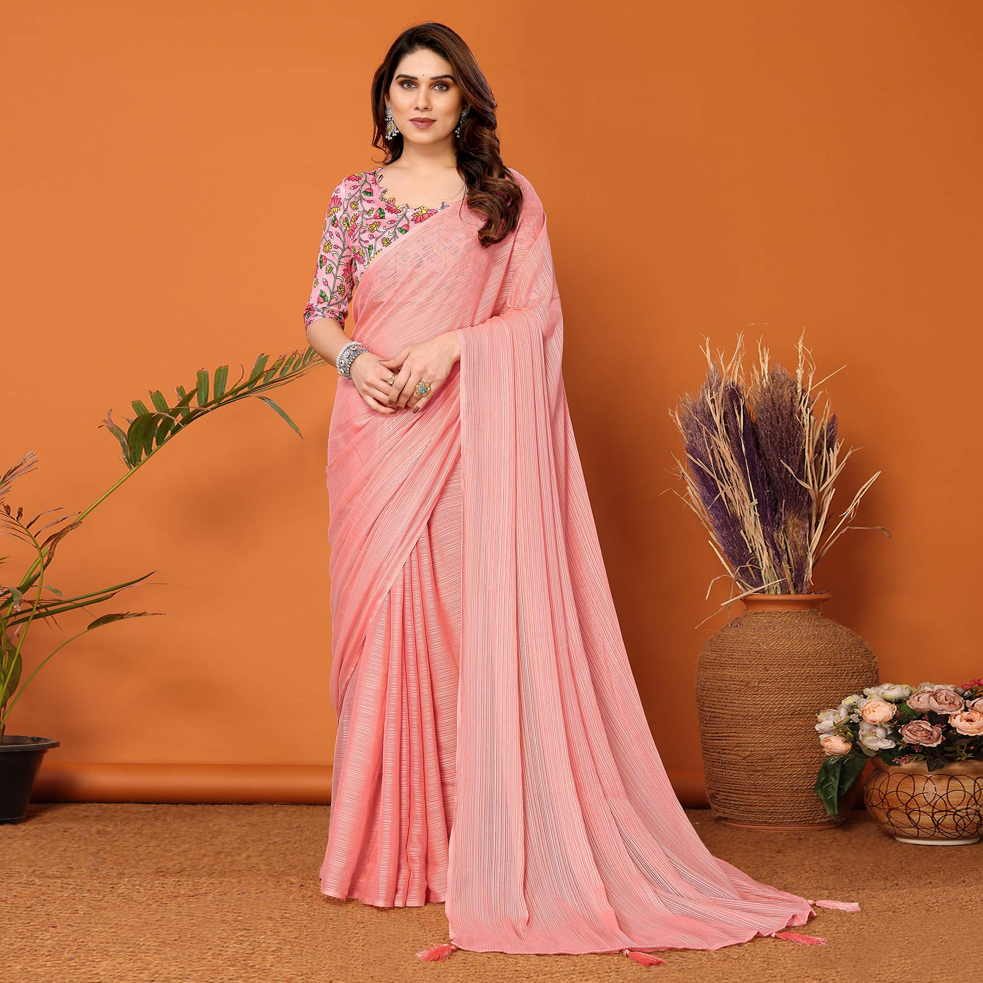 Peach Woven Satin Saree With Tassels