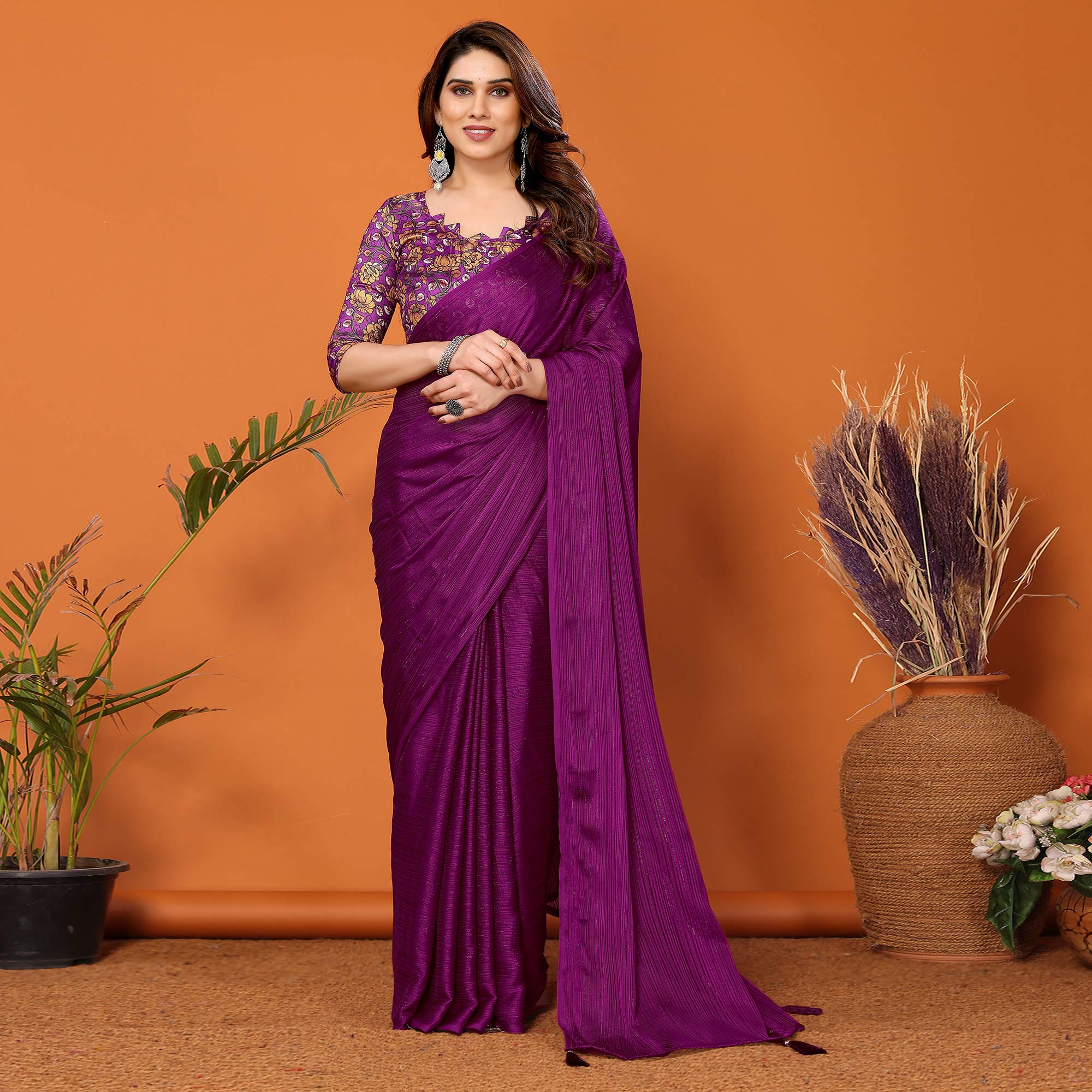 Purple Woven Satin Saree With Tassels