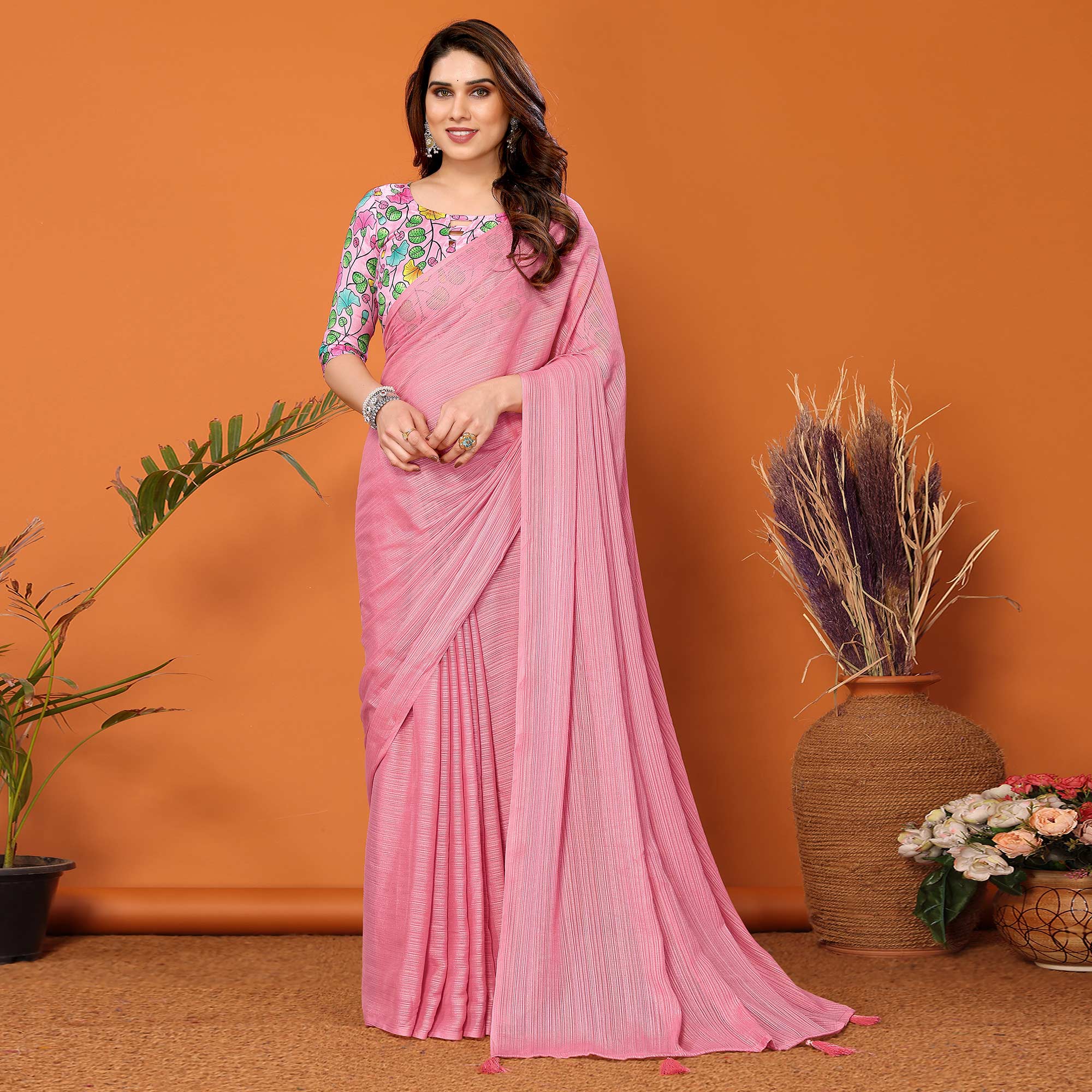 Rose Pink Woven Satin Saree With Tassels