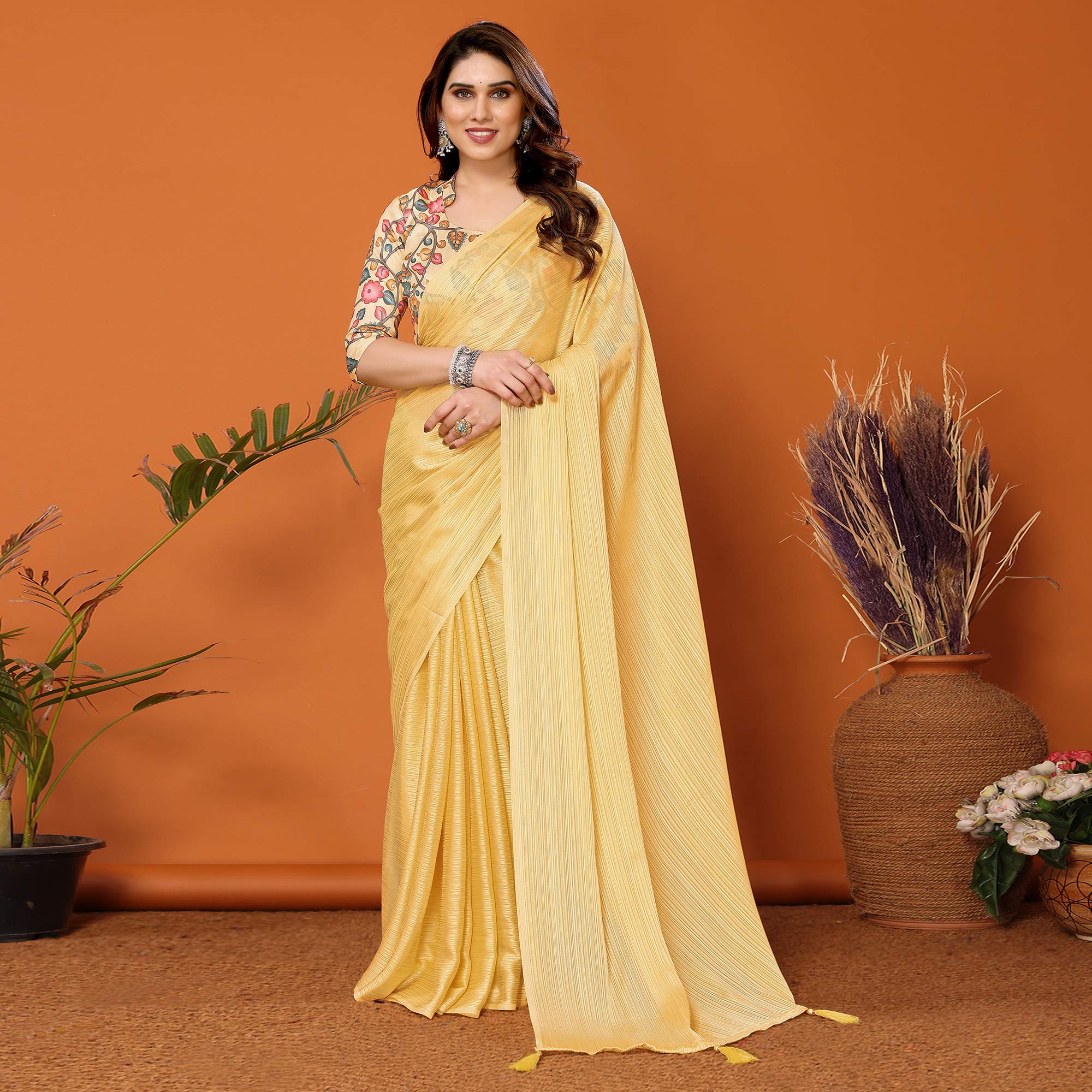 Yellow Woven Satin Saree With Tassels