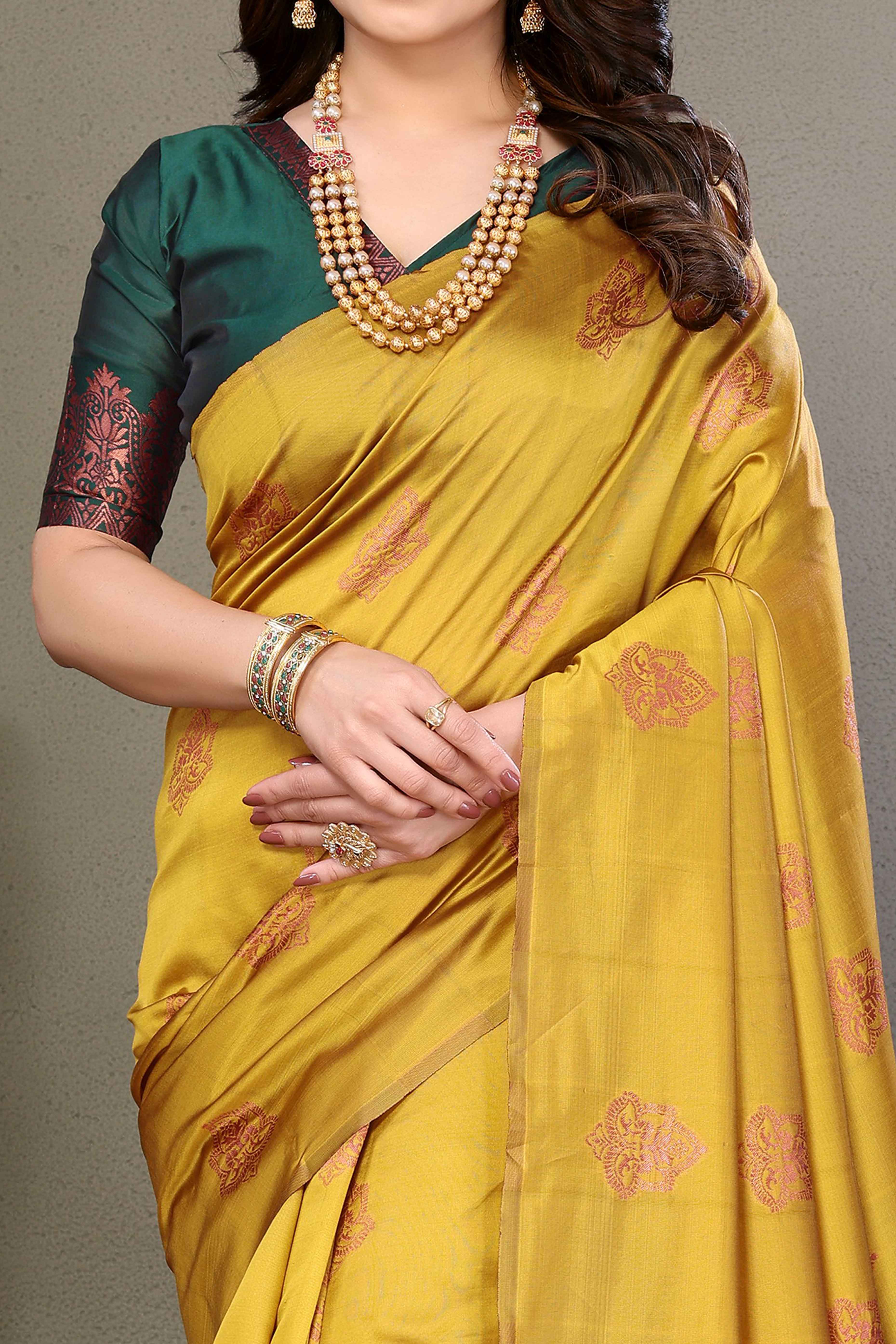 Mustard Floral Woven Banarasi Silk Saree