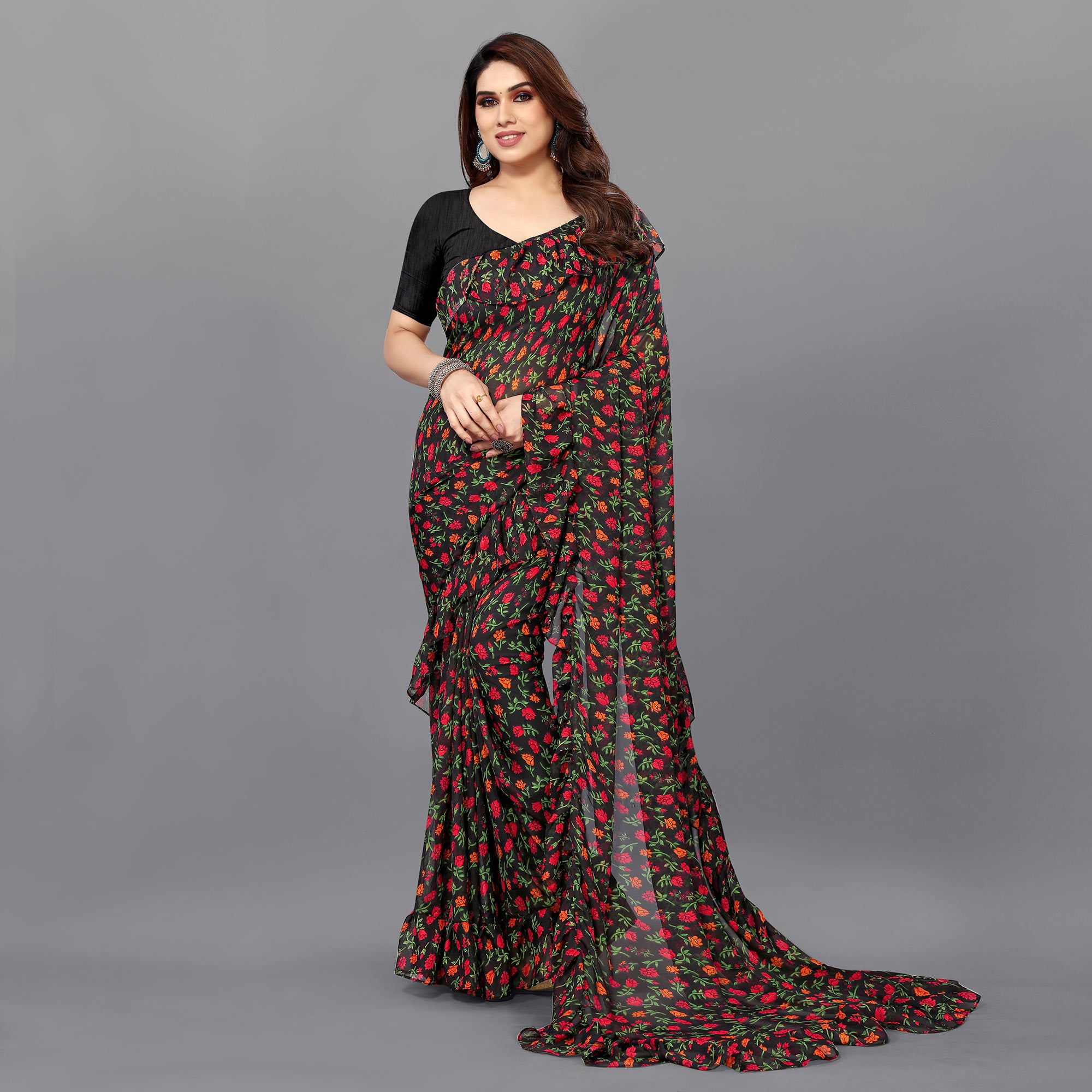 Black Floral Printed Georgette Saree