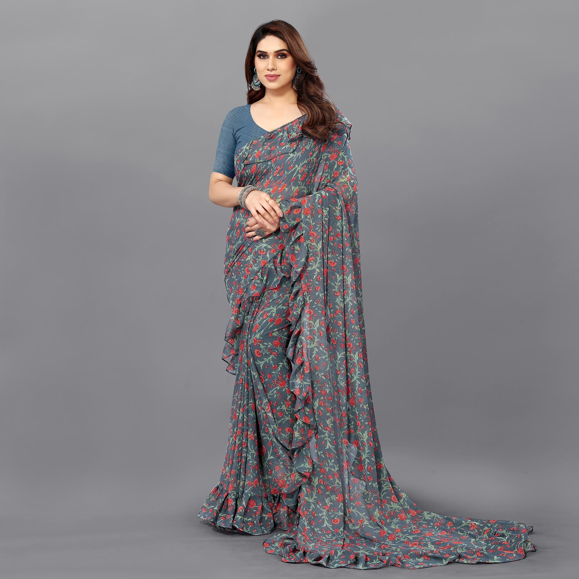 Grey Floral Printed Georgette Saree