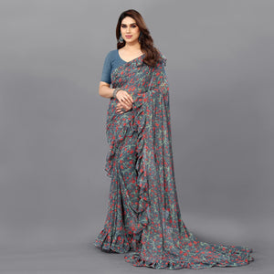 Grey Floral Printed Georgette Saree