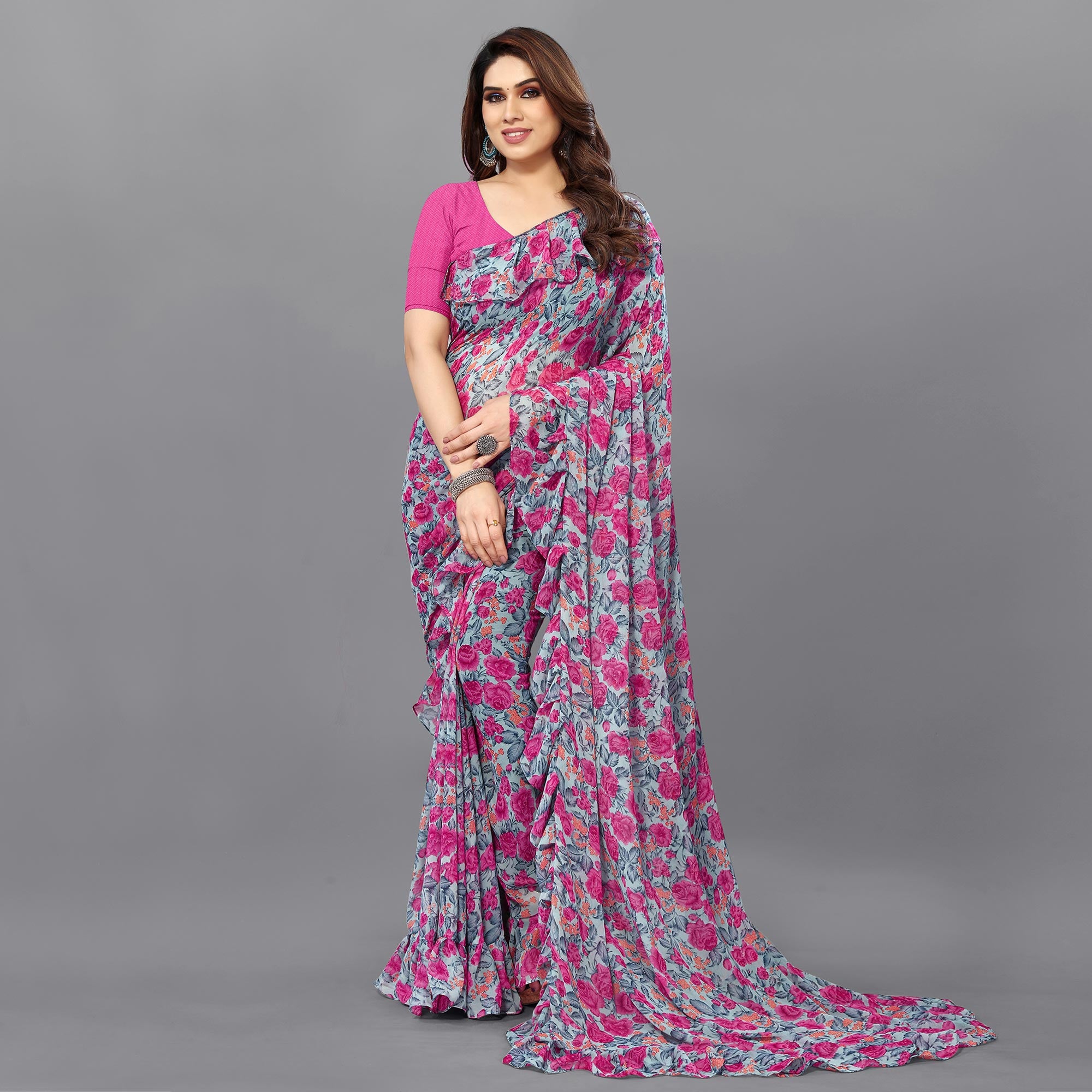 Turquoise Floral Printed Georgette Saree