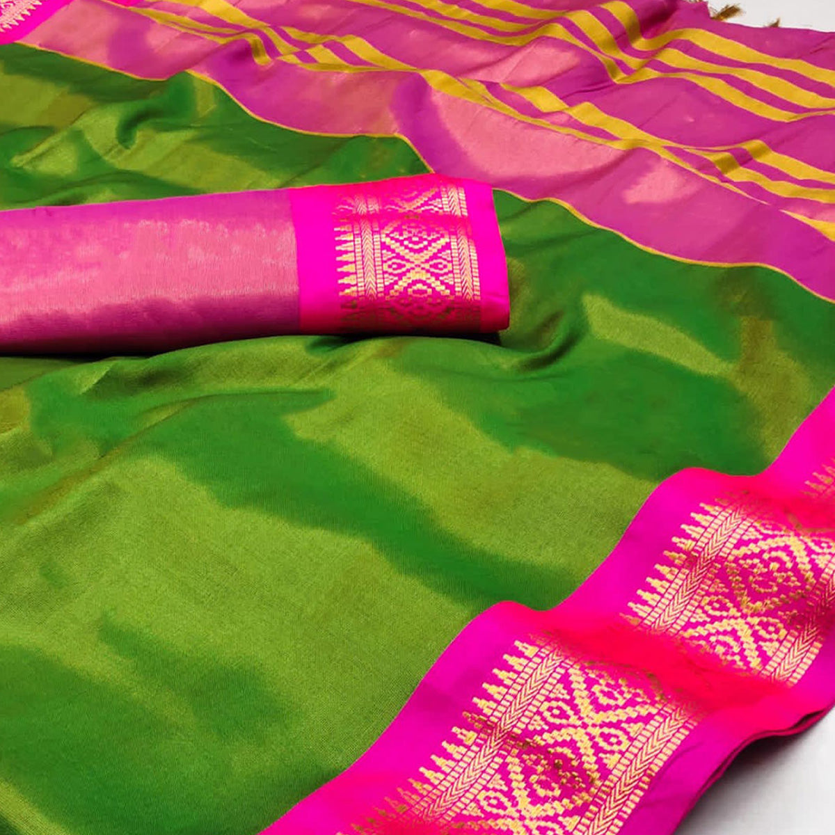 Parrot Green Woven Cotton Silk Saree