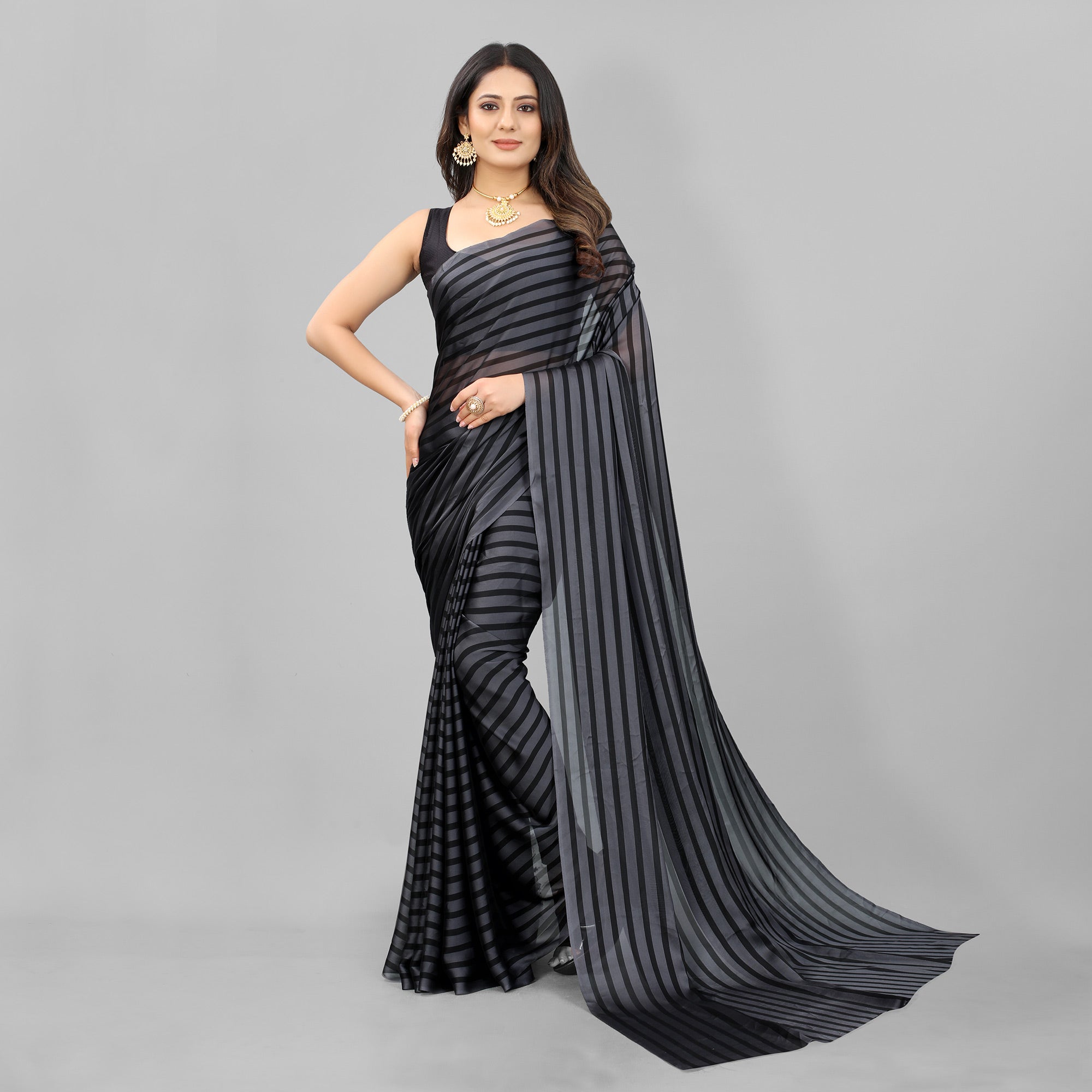 Grey Striped Printed Art Silk Saree