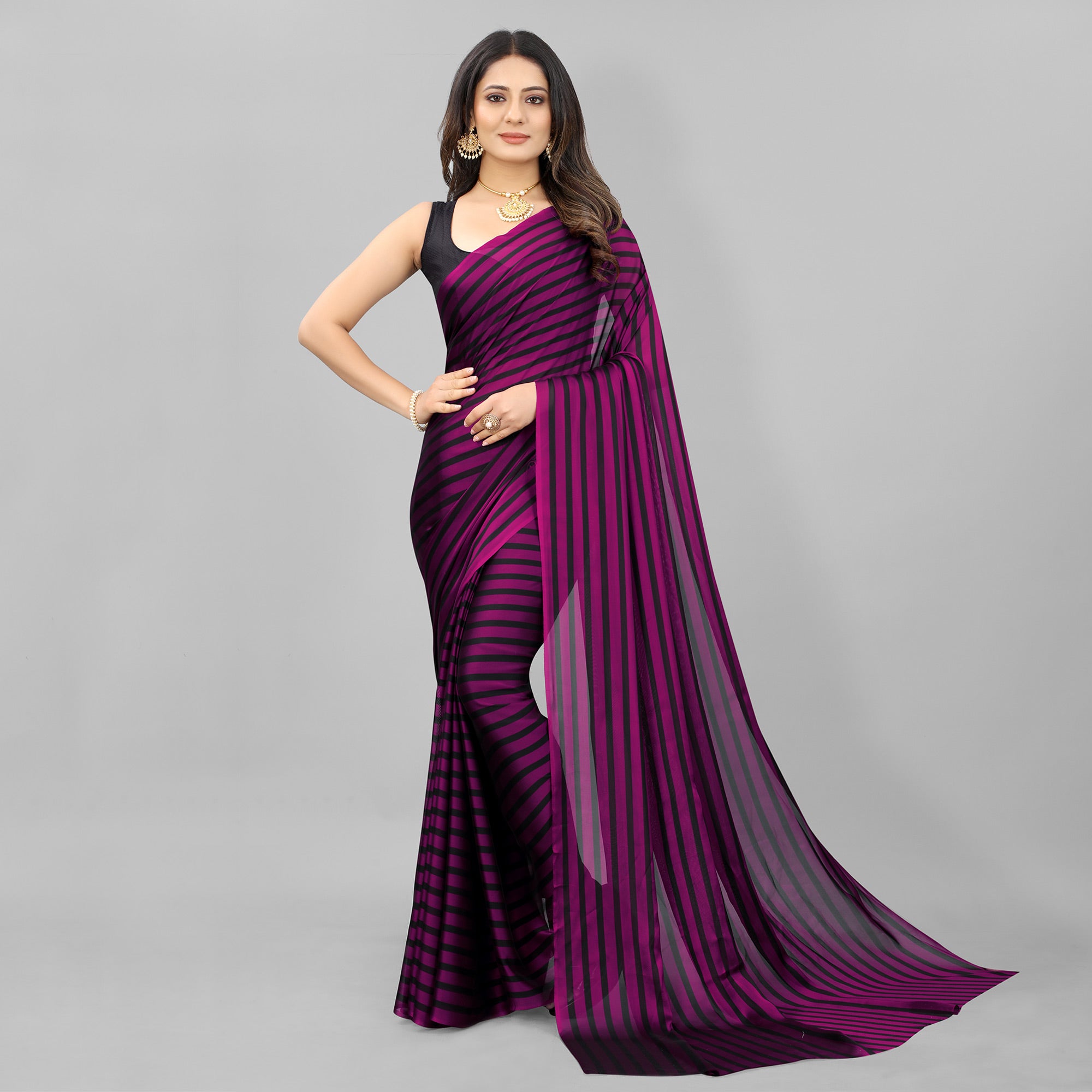 Purple Striped Printed Art Silk Saree