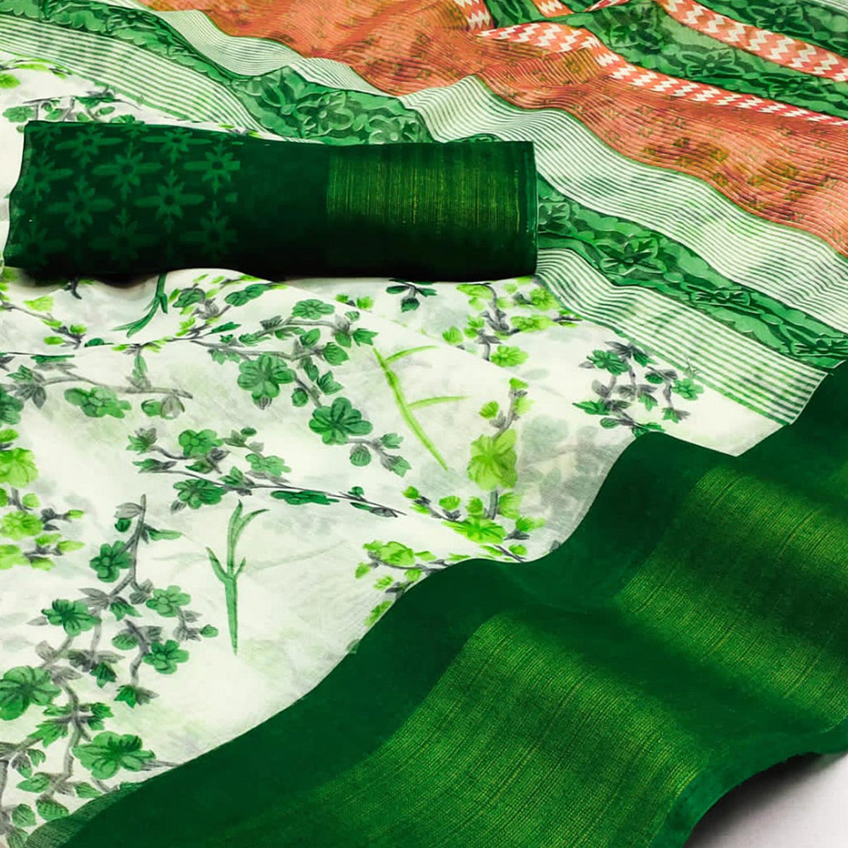 White & Dark Green Floral Printed Cotton Blend Saree