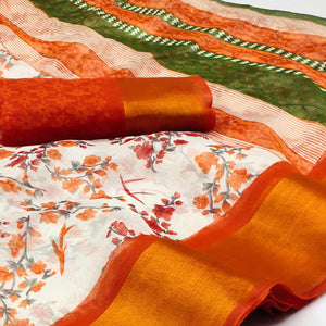 White & Orange Floral Printed Cotton Blend Saree