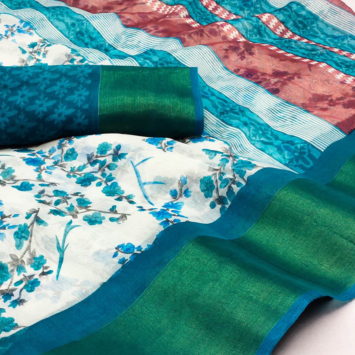 White & Teal Green Floral Printed Cotton Blend Saree