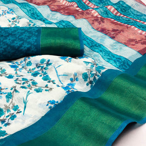 White & Teal Green Floral Printed Cotton Blend Saree