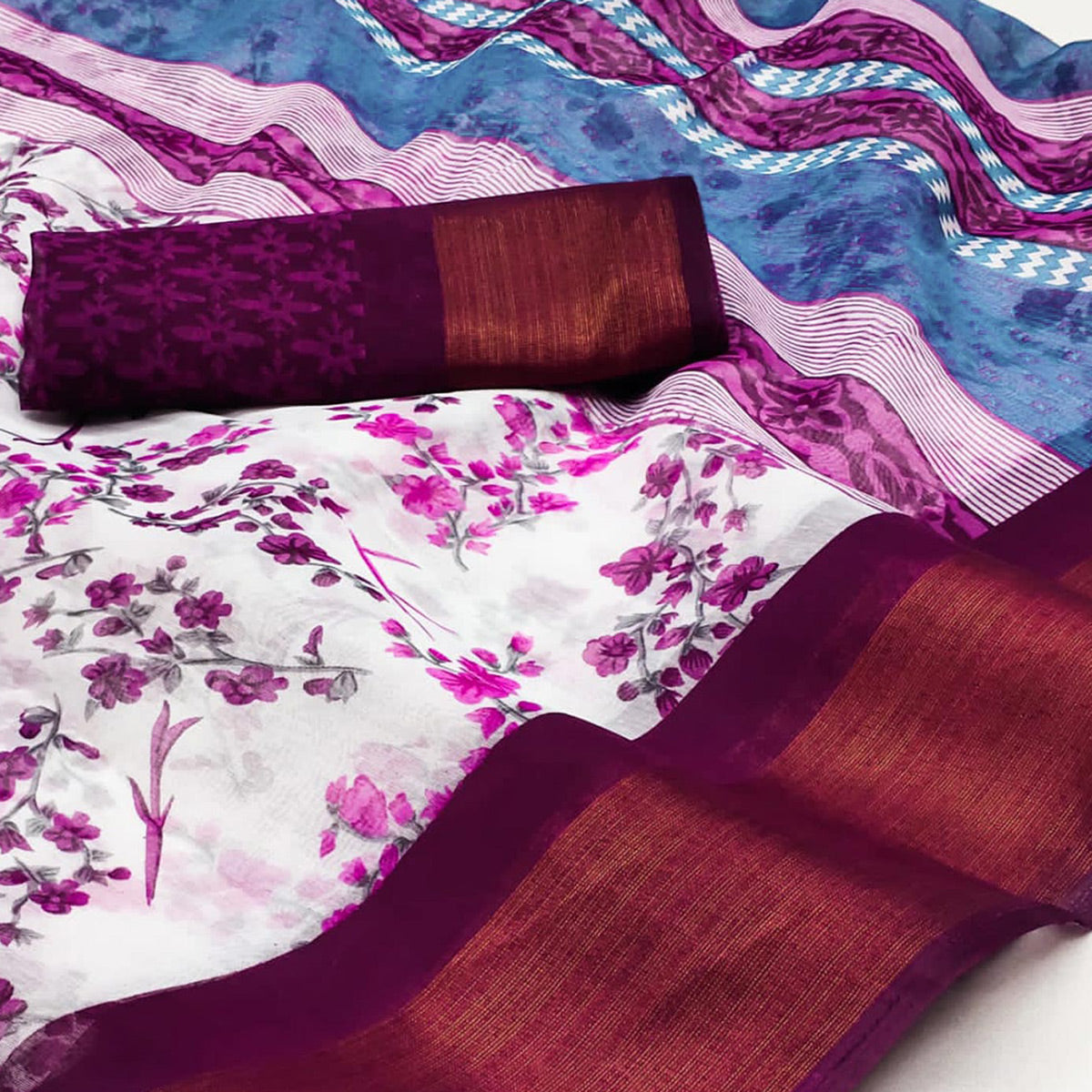 White & Wine Floral Printed Cotton Blend Saree