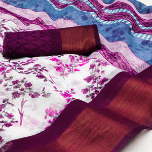 White & Wine Floral Printed Cotton Blend Saree